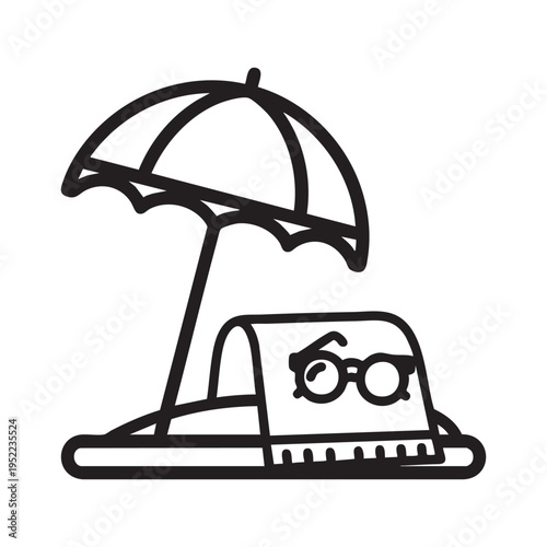 A black and white illustration depicts a beach scene with a parasol and sunglasses high quality