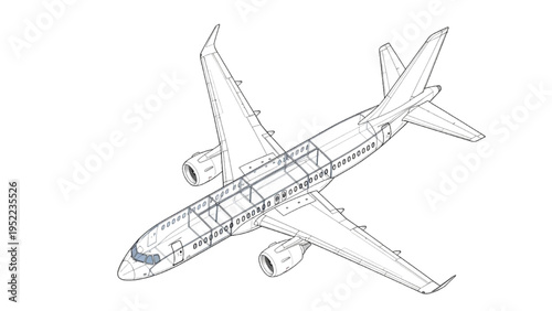 Airplane Cutaway Technical Blueprint – Passenger Aircraft Interior Structure Isometric Engineering Line Drawing