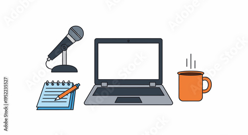 Flat lay of a laptop, microphone, notepad with pencil, and coffee mug on a plain background, conveying a workspace setup.