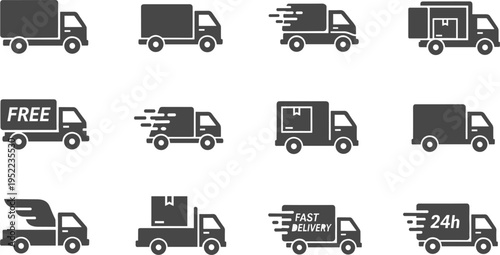 Delivery Truck Icon Set Vector Illustration with Cargo Van Shipping Transport Express Free Delivery and Logistics Service Symbols Collection
