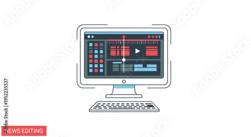Flat design illustration of a computer monitor and keyboard with a video editing interface on the screen and a news editing label on a white background.