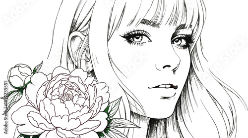 Hand drawn black and white line art illustration of a beautiful young woman with long hair and bangs posing with a blooming peony flower