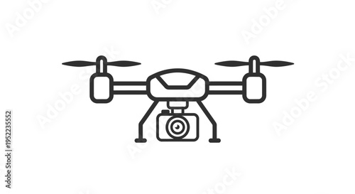 A simple line drawing of a drone with a camera attached underneath against a plain white background.