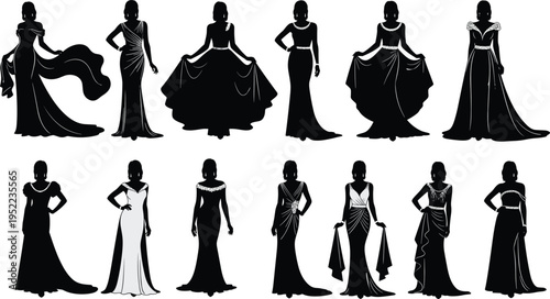 elegant evening gown silhouettes, fashion women collection, glamorous dress styles, female model poses, luxury fashion illustration, black vector set