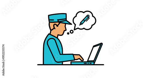 A cartoon man in a blue uniform sits at a laptop with a thought bubble containing a pencil above his head, against a clean white background.