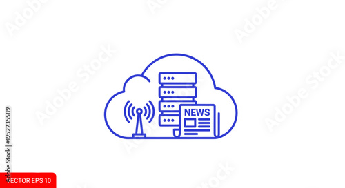 A blue vector illustration of a cloud with a radio tower and news media icons on a white background.