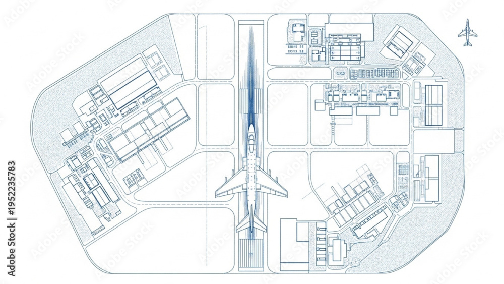 Fototapeta premium Airport Master Plan Blueprint Top View – Runway, Terminal Layout and Aircraft Infrastructure Technical Drawing