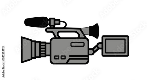 A gray video camera with a microphone and LCD screen on a white background in a simple line drawing style.
