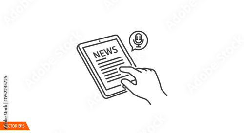 Line drawing of a hand holding a tablet with a news article and a microphone icon on a clean white background.