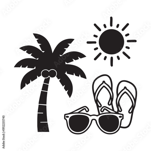 A black and white illustration depicts a tropical scene with a palm tree sun sunglasses and flip flops