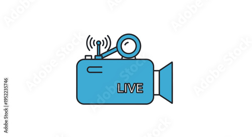 Flat design illustration of a blue live streaming camera icon with a microphone on a white background.