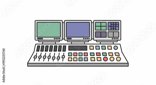 Flat design illustration of a mixing board with three computer monitors and colorful buttons on a white background.