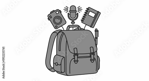 Gray backpack with camera, microphone, and notebook on a white background, simple line drawing.