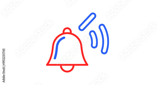 A simple line drawing of a ringing bell with sound waves on a white background in red and blue lines.