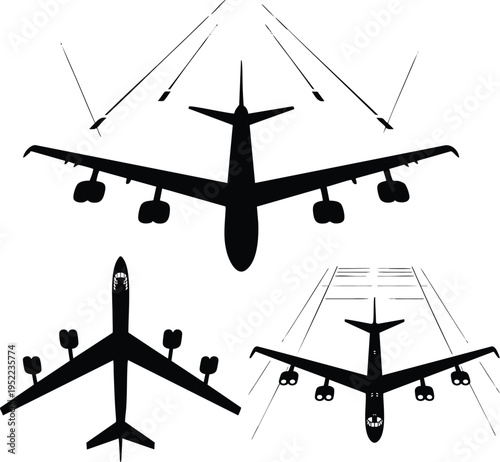 Passenger Plane Transportation Icon Set, b 52, vector, illustration, silhouette.
