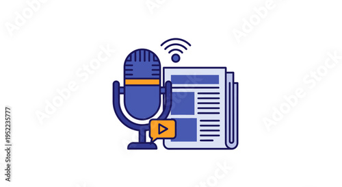 A graphic illustration of a microphone with a newspaper and play button on a white background, conveying a media or podcast concept with blue and orange colors.