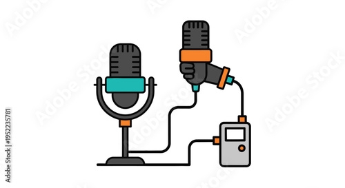 Illustration of two microphones connected to a device on a white background with black, orange, and teal colors.