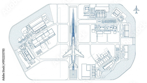 Airport Master Plan Blueprint Top View – Runway, Terminal Layout and Aircraft Infrastructure Technical Drawing
