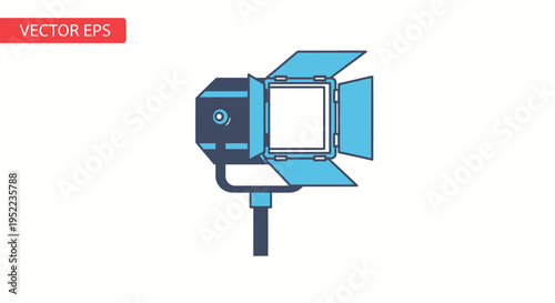 Vector illustration of a blue studio softbox light on a stand against a white background.