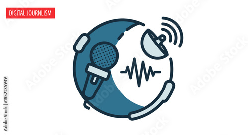A graphic illustration of a globe with a microphone, satellite dish, and sound wave on a white background, symbolizing global communication.