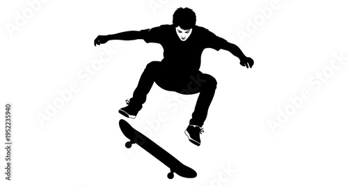 Silhouette Skateboarder Performing Trick in Mid-Air Dynamic Action Shot Isolated on White Background