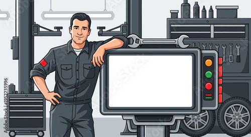 Professional male auto mechanic leaning on diagnostic screen in garage