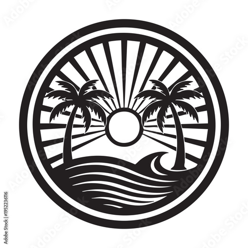 A circular black and white graphic depicts a tropical scene with palm trees sun waves and radial lines