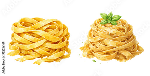 A beautiful collection of watercolor tagliatelle pasta nests, featuring fresh uncooked and seasoned pasta with herbs and basil garnish, isolated on a transparent background.