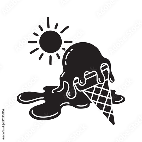 A black and white illustration depicts a melting ice cream cone under a bright stylized sun