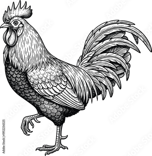 Hand drawn vintage woodcut style rooster illustration isolated on white background for farm organic poultry products food branding agriculture livestock and rustic country design
