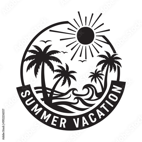 A black and white circular design featuring palm trees waves a sun and the text summer vacation