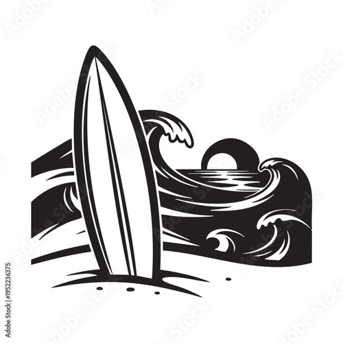 A black and white illustration depicts a surfboard standing next to ocean waves and a setting sun