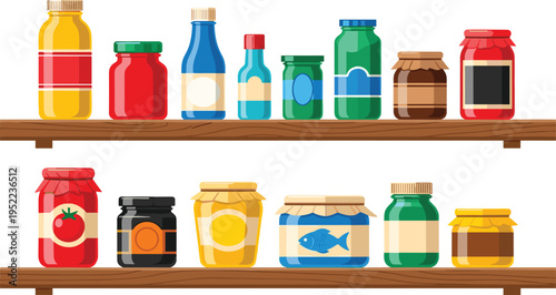 Glass Jar and Bottle Food Storage Vector Illustration Set with Preserves Sauces Honey and Pickled Products on Shelves