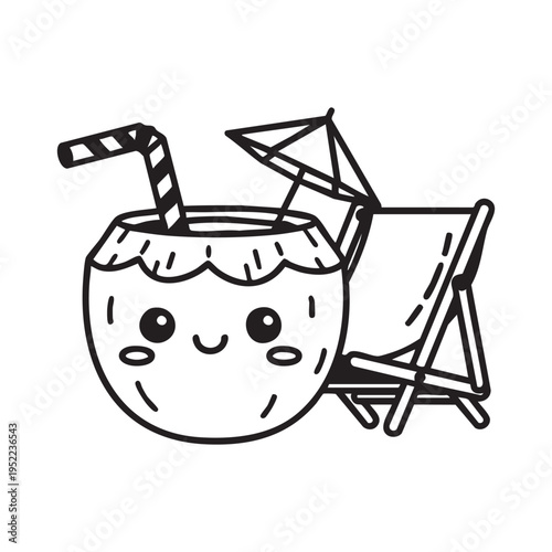 A cheerful coconut drink relaxes on a beach chair under a parasol in a cute doodle style