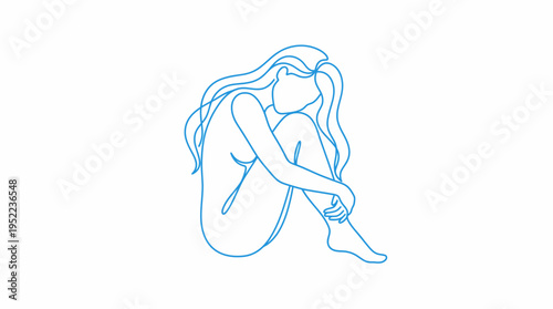 Blue line drawing of a person sitting with knees drawn to the chest, conveying solitude, introspection, and vulnerability.