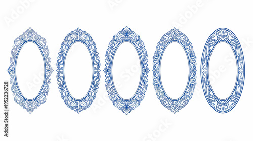 Five ornate blue oval frames with intricate filigree patterns, decorative vintage borders for design, craft projects, and photography props