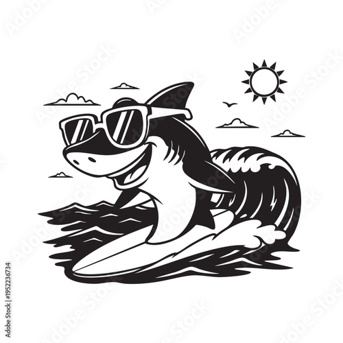 A cool shark wearing sunglasses surfs a wave under a bright sun and scattered clouds