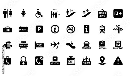Public Navigation Solid Icons Set with Signs Symbols Wayfinding Transport and Accessibility Vector
