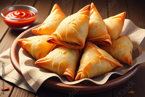 A bowl of samosas on a wooden table