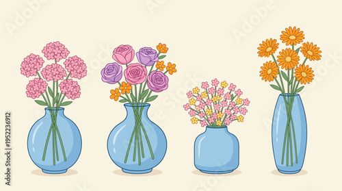 Row of five pastel blue glass vases with colorful flower arrangements against a light background