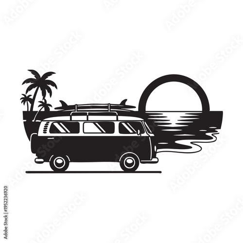 A black silhouette of a vintage camper van with surfboards parked near a beach at sunset