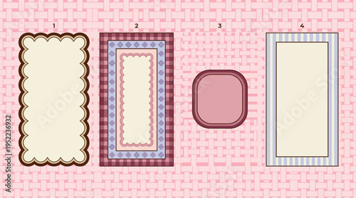 Set of vintage decorative photo frames on pink gingham background with ornate borders for art, crafts, and invitations