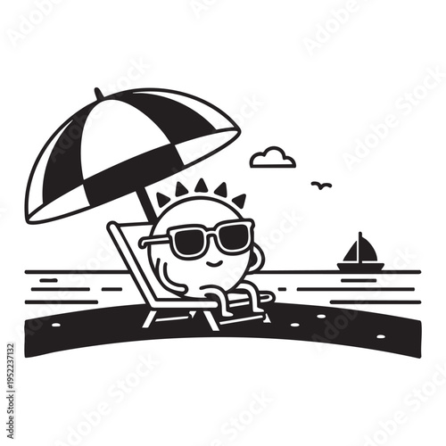 A cheerful sun character relaxes on a beach shaded by a large parasol and wearing sunglasses