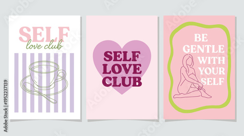 Three pastel posters promoting self-love and self-care, featuring 'SELF LOVE CLUB' in varied typography and a 'Be gentle with yourself' message in a lime frame.