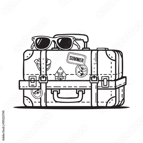 A black and white illustration of a vintage suitcase with sunglasses and travel stickers high quality