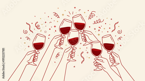 Cheerful toast scene with raised wine glasses at a festive gathering, a lively celebration among friends.