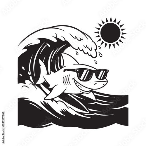 A cartoon shark wearing sunglasses surfs a wave under a radiant sun in a black and white illustration