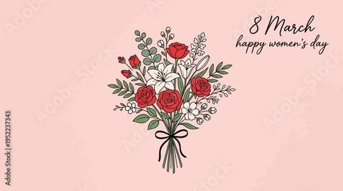 Bouquet of red roses tied with a ribbon on a soft pink background for International Women's Day (8 March) celebration