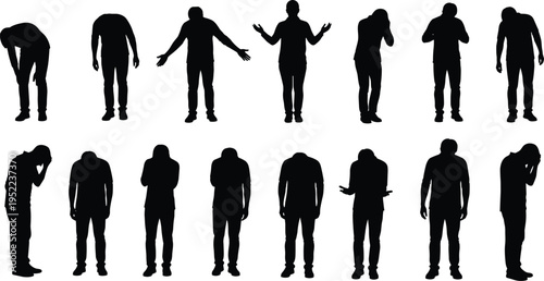 Tired people silhouettes collection fatigue exhaustion stress sad body language poses isolated on white background vector illustration set