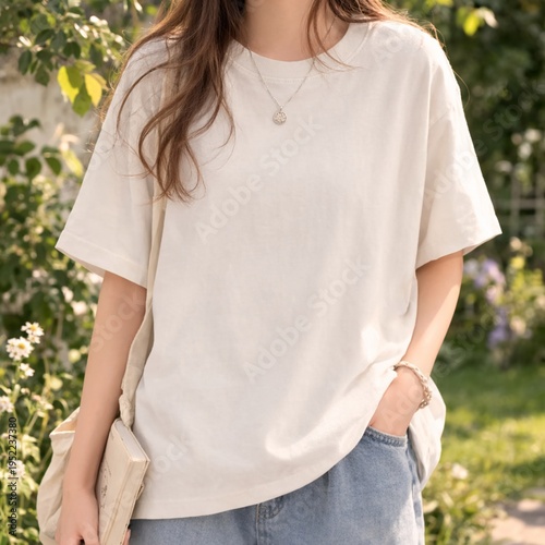 Woman Wearing Blank Cream Ivory T Shirt Mockup Natural Garden Lifestyle